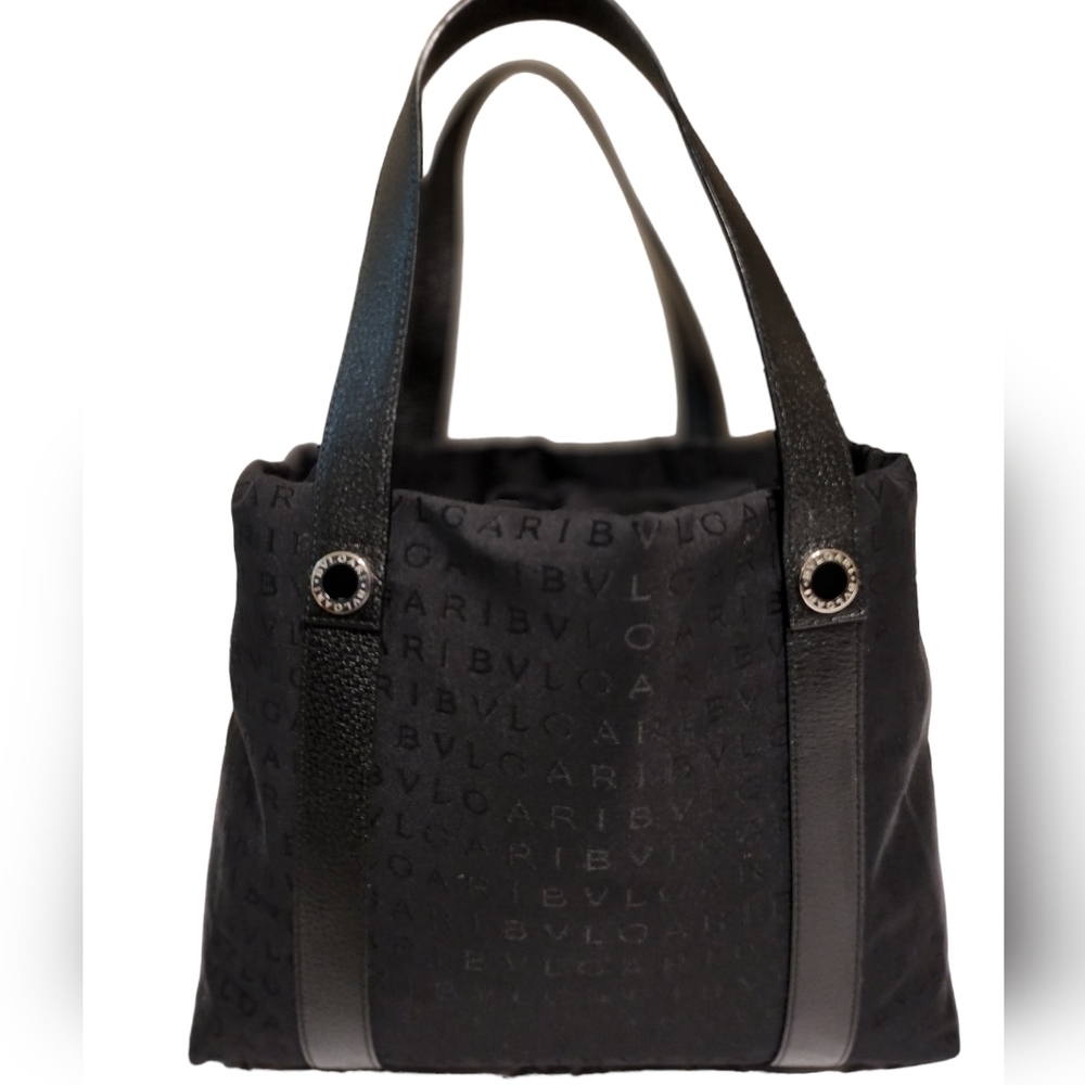 Authentic Bvlgari Canvas Monogram Tote with Leather Trim Black